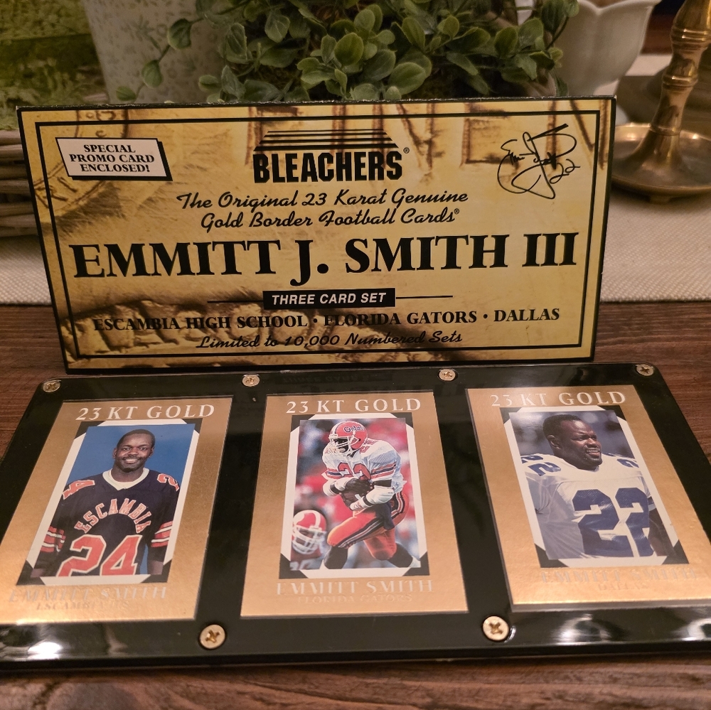 Emmit Smith Bleachers Original 23 Karat Genuine Gold Border Football 3 Card Set